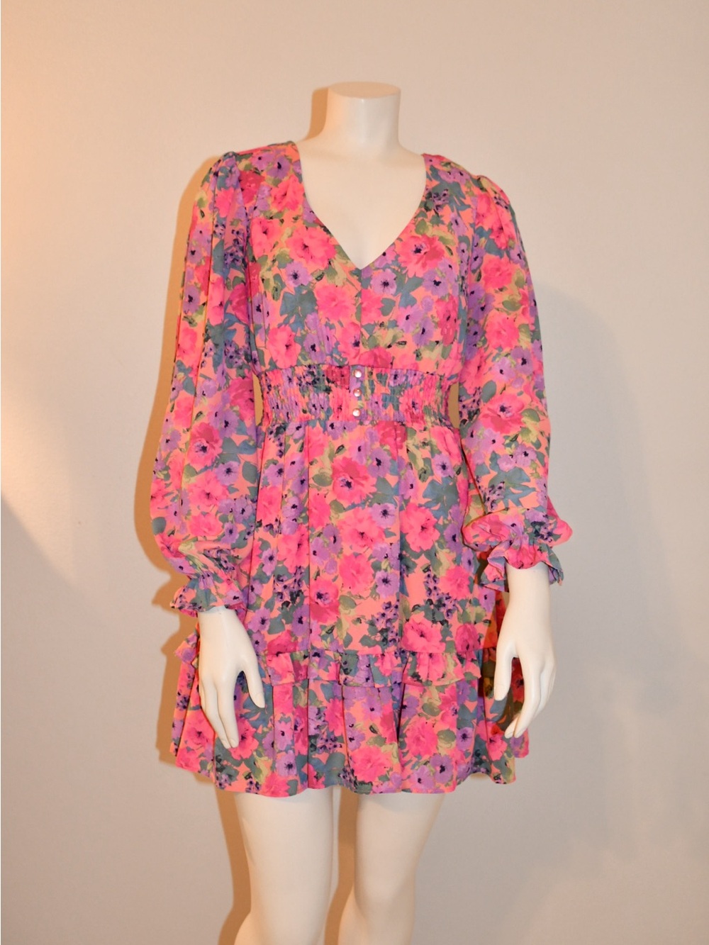 Women’s Midnight Doll Pink Floral V-Neck Smocked-Waist Mini Dress XS